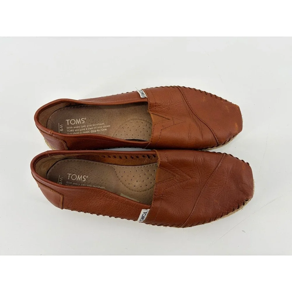 TOMS Alpargata Slip On, Brown Leather Whipstitch Espadrille, Women Size 9